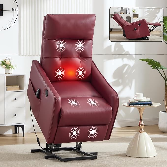 KEIKI Single Motor Power Lift Recliner Chair with Massage and Heat for Living Room Synthetic Leather Upholstery with USB Charging Port and Side Pockets for Seniors