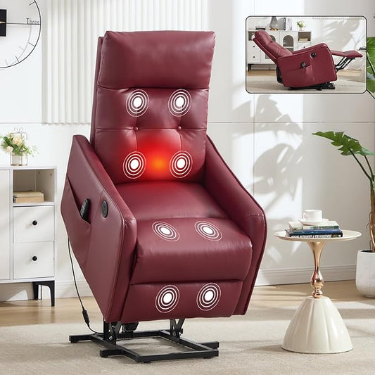 KEIKI Single Motor Power Lift Recliner Chair with Massage and Heat for Living Room Synthetic Leather Upholstery with USB Charging Port and Side Pockets for Seniors