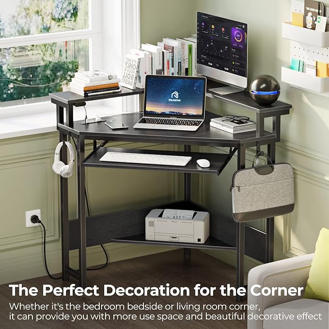 Rolanstar Corner Desk44.5 W x 34.5 H Small Computer Desk with Power Outlets Gaming Desk with LED Lights Triangle Corner Table with Keyboard Tray &amp Monitor Stand for Small Space Black