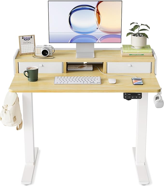 YIHAYO Electric Standing Desk with Drawers 40 x 24 Inches Adjustable Desk with Storage Shelf Stand Up Desk with Splice Board Computer Table for Home Office White Frame/Natural Top