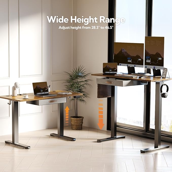 Seang Standing Desk with Drawer 55 x 24 Height Adjustable Stand Up Desk 3 Memory Height Settings with Cable Grommets &amp Storage Hooks Ideal for Home &amp Office Rustic Brown