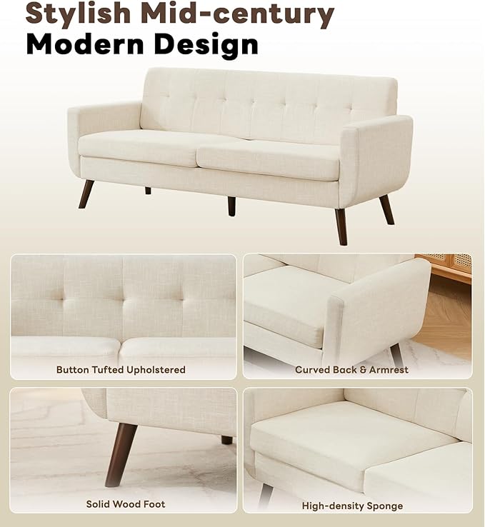 Tbfit 77.2 W Linen Sofa Couch Mid Century Modern Decor Loveseat Couches for Living Room Button Tufted Upholstered Small Couch for Bedroom Solid and Easy to Install Love Seats Furniture Beige | l