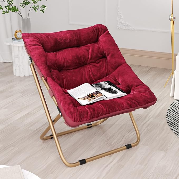 Foldable Oversized Moon Chair Large Soft Lazy Cozy Comfortable Faux Fur Square Saucer Moon Chair for Teens and Adults Burgundy