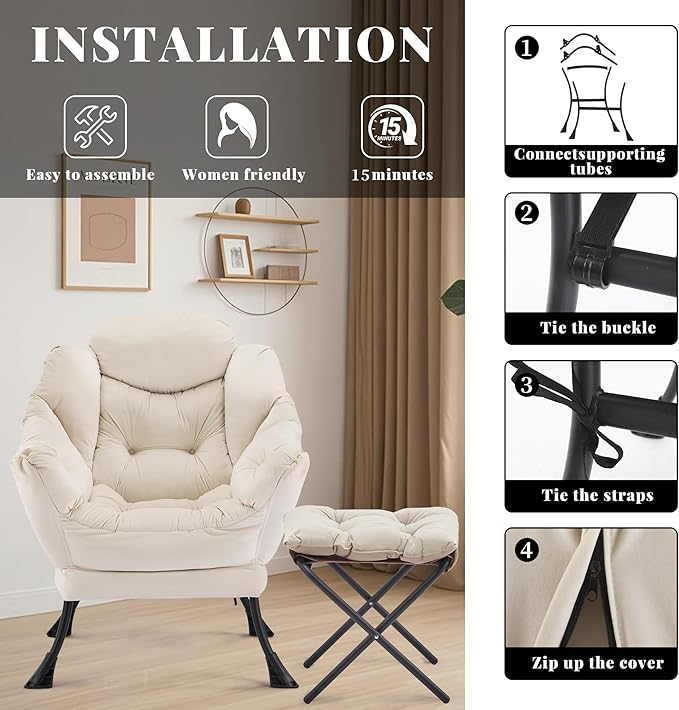 Lazy Chair with Ottoman Comfy Accent Lounge Chair with Side Pocket Modern Reading Armchair with Footrest Upholstered Sofa Chair for Small Spaces Bedroom Living Room Dorm Beige