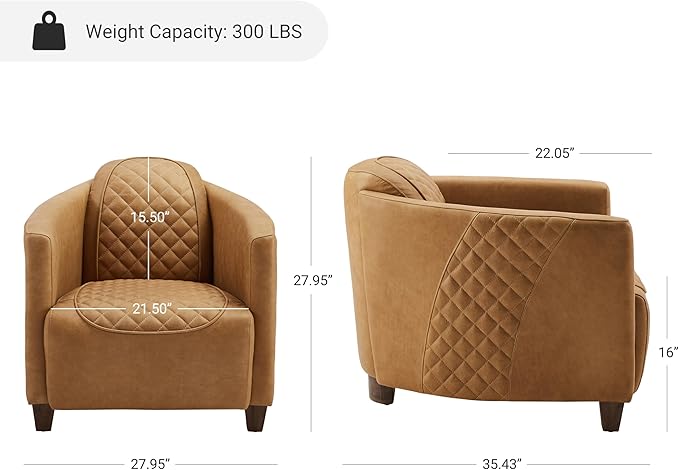 Zouron Genuine Leather Living Room Chair Mid Century Modern Single Sofa Chair with Wooden Legs Upholstered Barrel Accent Chair for Living Room Bedroom Home Office 1 Pcs Light Brown