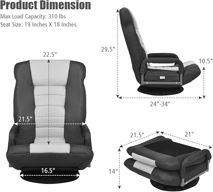 Giantex Floor Chair 360 Degree Swivel Chair with Adjustable Backrest Lumbar Support Armrest Foldable Lazy Sofa Rocker for TV Reading Playing Video Games Black/Grey