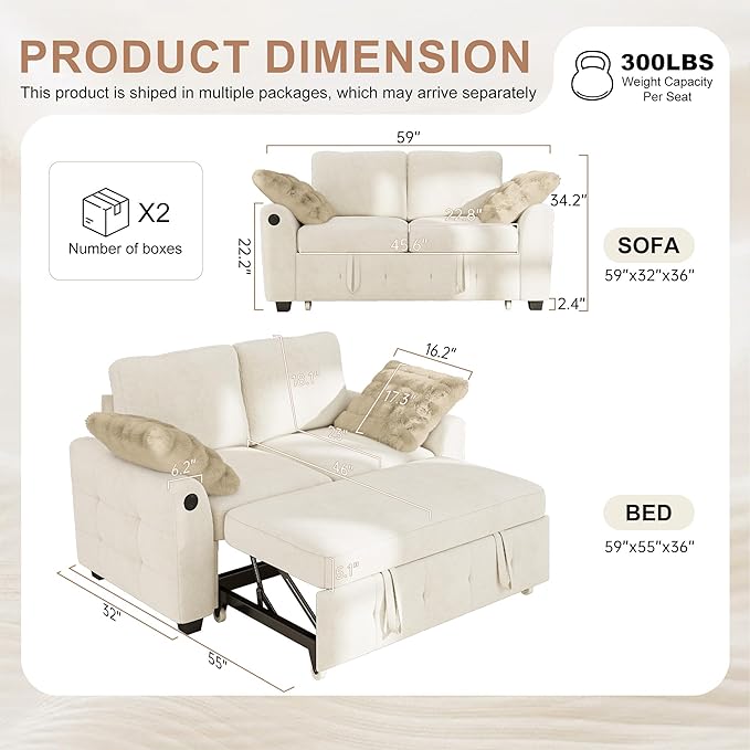 Hanherry 59 Loveseat Sofa with Pull Out Couch Bed Chenille 2-in-1 Convertible 2 Seater Sleeper Sofa with USB ChargingComfy Love Seat for Small Spaces Living Room Apartment