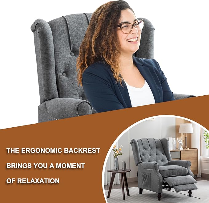 Push Back Recliner Mid-Century Modern Accent Chair Reading Chairs Set of 2 Tufted Fabric Arm Chair for Living Room w/Heat Massage/Side Pockets (2 PC Gray)
