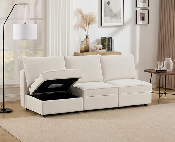 90 Inch Modular Sectional Sofa Couch 3 Seater Sofa with Storage Place Modern Cozy Cloud Convertible Sofa Couch for Living Room/Apartment Chenille Fabric Beige