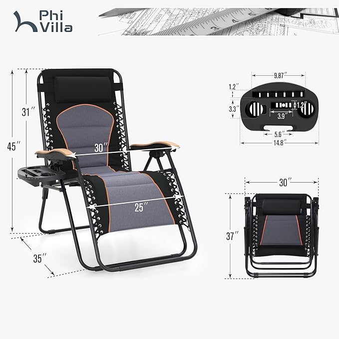 PHI VILLA XXL Oversized Padded Zero Gravity Chair Foldable Patio Recliner 30 Wide Seat Anti Gravity Lounger with Cup Holder Support 400 LBS (Black &amp Orange Accents)