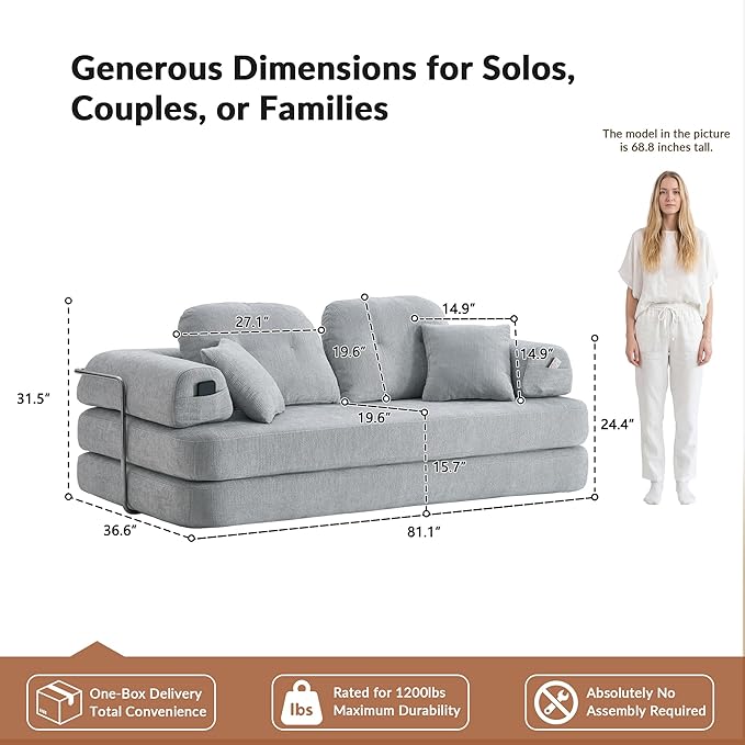 Floor Sofa Modern Chenille Modular Couch with Large Ergonomic Backrest Non-Slip Sleeper for Small Apartment &amp Compact Space No Assembly Required (Pebble Gray 82'')