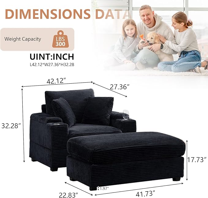 50 Oversized Chaise Lounge Chair Indoor with Ottoman and Storage Deep Seat Upholstered reading Chair Comfy Corduroy Sleeper Chair with Cup Holder Reclining Chair for Living Room Bedroom Black