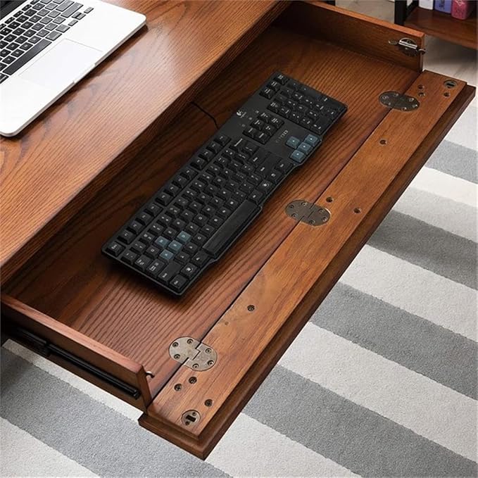 BOWERY HILL Computer Desk 46 in x 22 in x 30 in Mission Oak Finish Hardwood Solids and Oak Veneers Matte Black Steel Base Drop Front Drawer Home Office Writing Desk