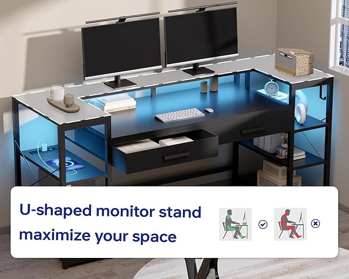 Pamray 58 Inch Computer Desk with Monitor Stand and Shelves Gaming Desk with LED Lights &amp Power Outlets PC Vanity Table with 2 Drawers for Home Office Grey