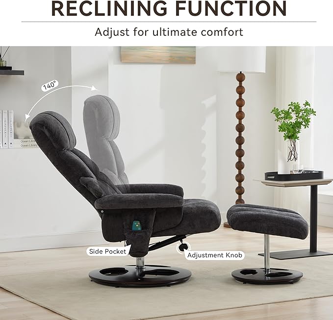 Elegant Chenille Massage Chair with 5 Point Vibration Massage360°Swivel Lounge Chair with OttomanDurable Structure Chaise Lounge with Adjustable Backrest For Living RoomOfficeStudyDark Gray