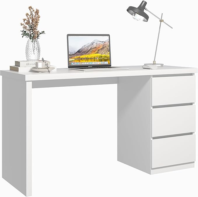 furtble White Desk with Drawers 63'' W Home Office Computer Desk Gaming Table Modern Vanity Desk with Storage Wood Writing Workstation for Bedroom Living Room White