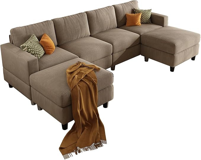 101 Inch Brown Corduroy Sectional Sofa U Shaped Sectional Sofa with 2Ottomans 6 Seater Convertible Corduroy Sofa Comfortable Living Room Couch (Camel 4 Seat with 2 Ottoman)