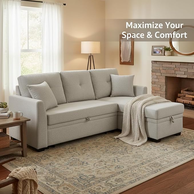 Sectional Sleeper Sofa with Pull Out Bed L Shape Convertible Chenille Couch with Storage Chaise 2 in 1 Pull Out Sofa Bed with 2 Seats for Living Room Apartment Beige