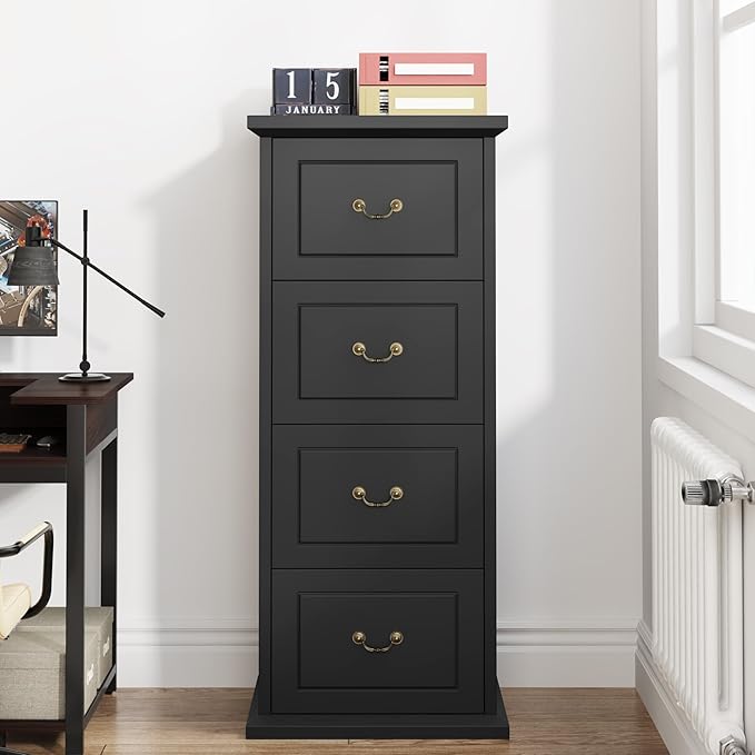 Tribesigns 4-Drawer File Filing Cabinet Vertical File Cabinet Office Wood Filing Cabinet for A4 / Letter Size Narrow Tall File Storage for Home Office Black