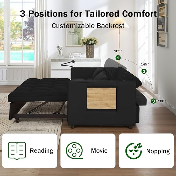 3 in 1 Convertible Sleeper Sofa Bed Pull Out Couch Bed with USB Ports Foldable Tables &amp Phone Stand Adjustable Backrest Velvet Loveseat Futon Couch for Living Room Bedroom Samll Space Black