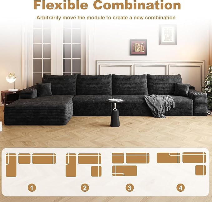 136 Sectional Couches for Living Room Modern Modular Sofa with L-Shape Couch Upholstered Boneless Sofa Deep Seat Sectional Couch with Chaise (Black Left Facing Chaise+3Seaters)