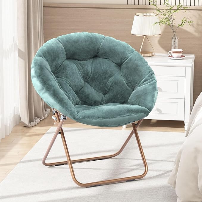 Cozy Saucer Chair Living Room Chair Faux Fur Soft Thick Padded Seat Metal Frame Folding Chair Comfortable Moon Chair for Living Room Bedroom Reading Nook Modern Style 2 Pack Green