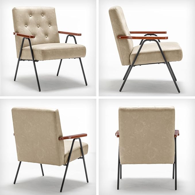 UNICOO - Modern Accent Chairs Mid-Century Armchair Living Room Chairs Leisure Chair with Metal Legs Reception Side Chairs (ZKL-222K-Beige)