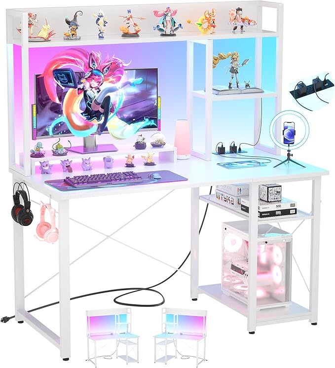 Cyclysio Gaming Desk with Hutch 39'' Computer Desk with LED Lights &amp Power Outlets Home Office Desk with Reversible 5 Tiers Storage Shelves &amp Monitor Stand Small Gaming Table for Small Spac