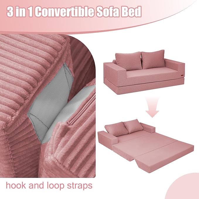 COMAX Convertible Sofa Bed Queen Corduroy Folding Floor Couch Pull Out Couch Bed Futon Sleeper with Pillows Fold Out Boneless Sofa Comfy Lounge Mattress Loveseat for Living Room Bedroom Pink