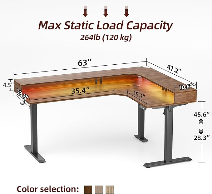 TIQLAB 63'' L-Shaped Standing Desk with LED Light Strip and Power Outlet Height Adjustable Corner Table with Ergonomic Monitor Stand Black Walnut