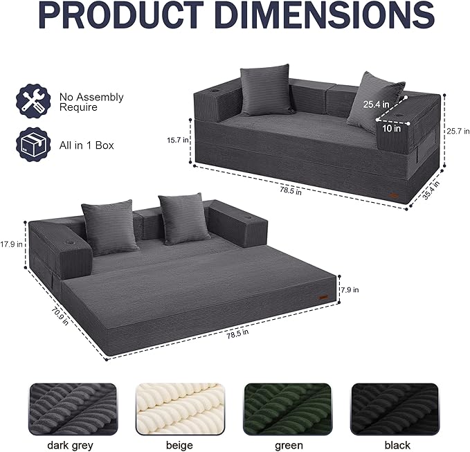 COMAX Boneless Couch Futon Sofa Bed Couches Versatile Queen for Living Room 79 4 in 1 Convertible Sleeper Corduroy Couch Foam in a Box Foldable Fold Out Floor Mattress No Assembly Required Grey