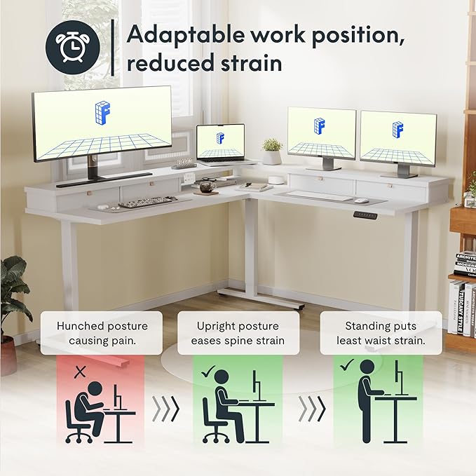 FLEXISPOT 71 Large L Shaped Standing Desk Electric Corner Table with Shelf 4 Storage Drawers Adjustable Computer Workstation for Home Office Game Studio White Top + White Frame