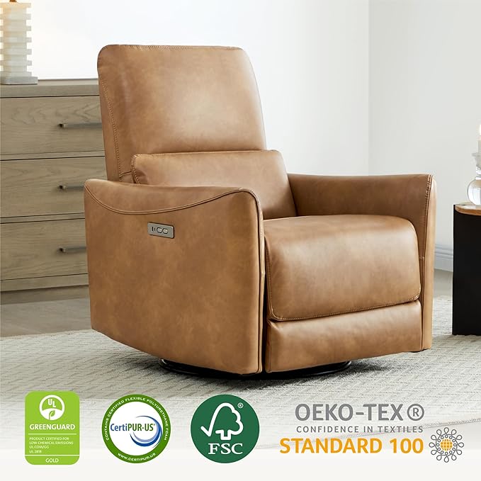 CHITA Power Recliner Chair Swivel Glider FSC Certified Upholstered Faux Leather Living Room Nursery Reclining Sofa Chair with Lumbar Support Cognac Brown