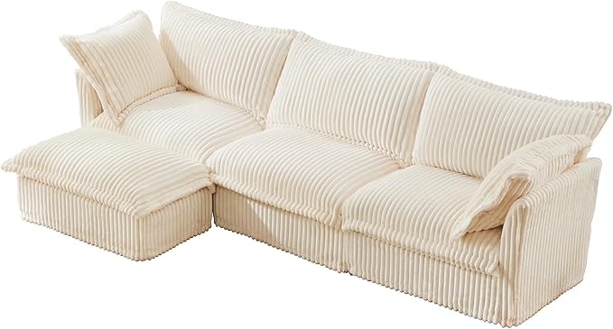 120 Slipcovered Modular Cloud Sectional Sofa Deep Seat Corduroy L Shaped Couch with Removable Covers 3-Seater Sofa with Movable Ottoman for Living Room (Cream) | Slipcovered