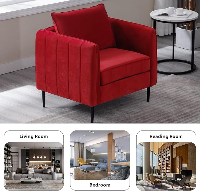 Modern Velvet Accent Chair Single Sofa Chairs Armchair with Square Arm Upholstered Reading Chairs for Living Room Bedroom Apartment (Velvet Burgundy Chair)