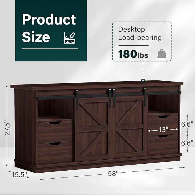 JUMMICO TV Stand with 4 Drawers for 65 Inch TV Farmhouse Entertainment Center with Storage and Sliding Barn Doors Rustic Media TV Console Cabinet with Shelves for Living Room Bedroom (Rustic Oak)