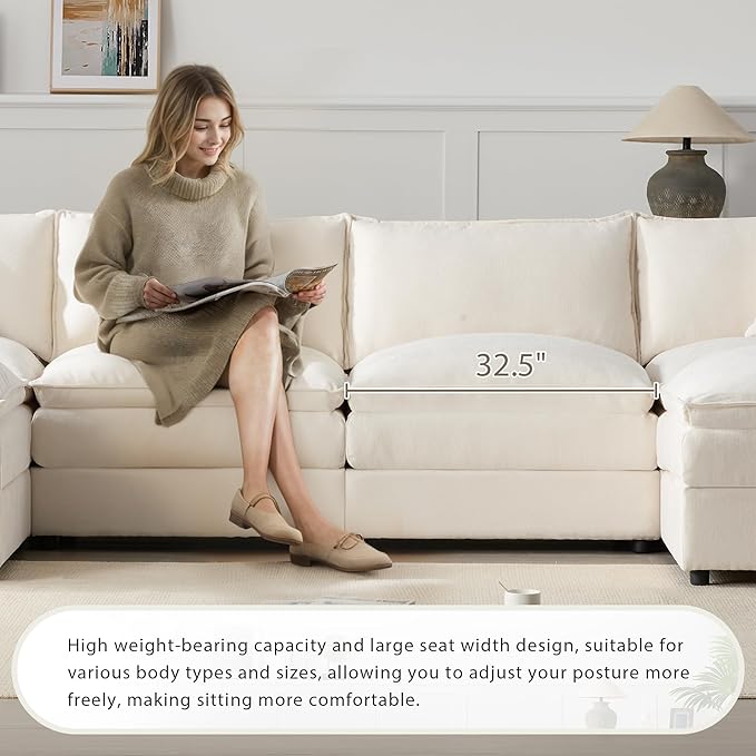 136 Chenille U-Shaped Modular Sectional Sofa with Deep and Wide SeatCloud Couch Set with Double Cushions6 Seat Sofa with Movable Ottomanfor Living Room Apartment Office (Cream#h)