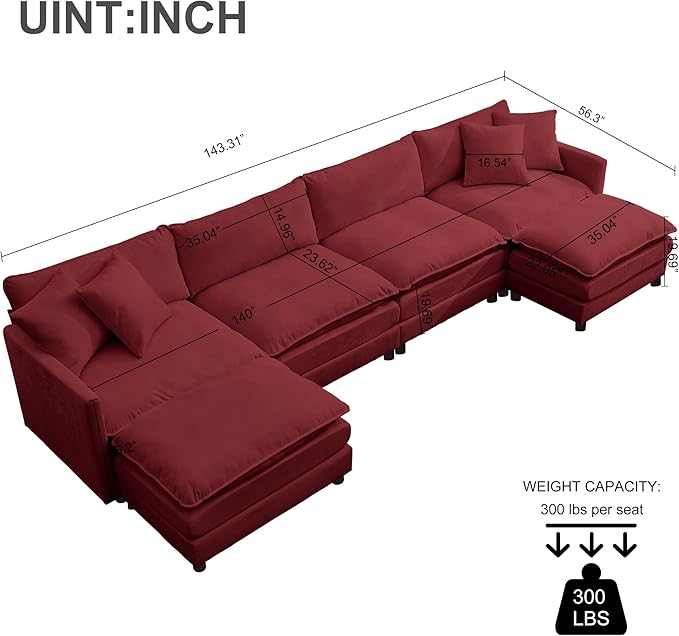 Modular Sectional Sofa143.31'' Modern Sofa Sleeper CouchComfy Cloud Couches with 4 Seat &amp 2 Ottoman &amp 4 Pillows Sofa SetDeep Seat Sofa with Movable Ottoman for Living RoomChenille (Red U