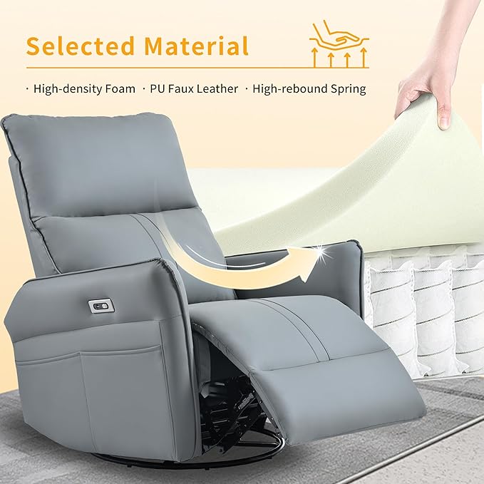 270° Power Swivel Rocker Recliner Chair for Adults – Electric Reclining Small Sofa Chair with Smooth Rocking &amp Rotation Comfortable Single Recliner for Living Room Bedroom (Blue+PU)