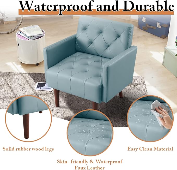 Leather Accent Chair Mid Century Modern PU Leather High Back Armchair for Living Room Chairs with Solid Wood Legs for Small Spaces Bedroom Office (Blue 29.1 x 25.6 x 31.1)