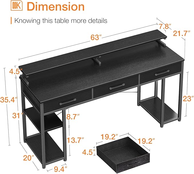 ODK 55 Inch Computer Desk with Power Outlets &amp 4 Drawers Home Office Desk with Monitor Stand &amp Shelves Grey