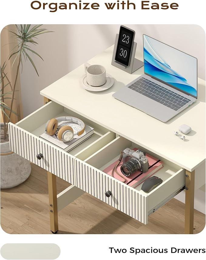 Manora 31.5” Computer Desk with Power Outlets and USB Ports Modern Writing Desk with Fluted Drawer Front Small Study Table with Storage Drawers for Home Office Bedroom Vanity Use White and Gold