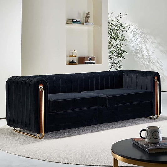 KEVINSPACE 84.25 Modern Sofa Couch Velvet Loveseat Sectional Sofa Couch with Gold Legs for 3-4 Persons Upholstered Deep Seat Love Seat Mid-Century Sofa for Living Room Office Apartment Black