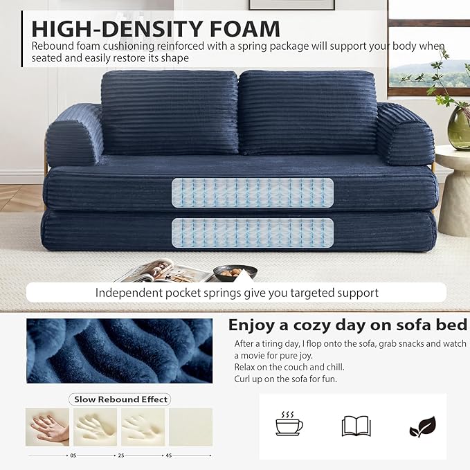 80” Convertible Sleeper Sofa Bed High Back Plush Corduroy Boneless Futon Loveseat with Pull Out Bed Fixed-Shape Folding Floor Mattress Couch No Assembly Required (Blue)