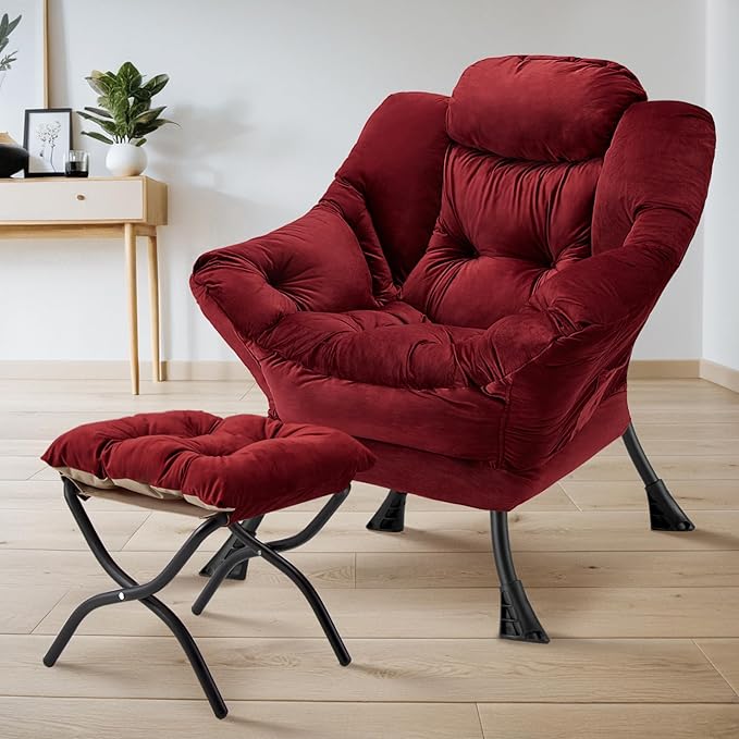 Lazy Chair with Folding Ottoman Modern Large Accent ChairContemporary Lounge Leisure Sofa Chair with Armrests Upholstered Sofa Armchair Reading Chair for BedroomDorm&ampOffice (Dusty Rose-f)