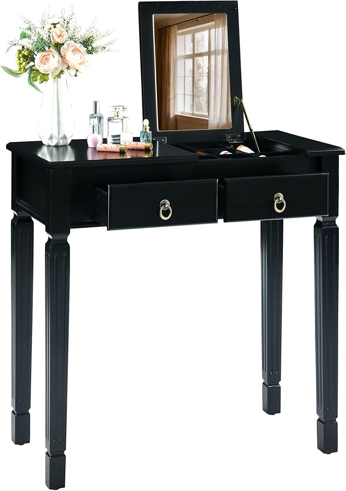 Black Makeup Vanity Desk Set with Flip Top Mirror 31.5 Small Vanity Desk with Mirror Dressing Table with 2 Drawers &amp 7 Compartments Makeup Table with Hidden Fabric Stool for Bedroom Small Spac