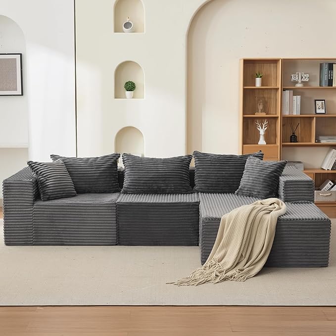 GarveeLife 108” Modular Sectional Sofa Cloud Sectional Couch with L-Shape Chaise Modern Modular Deep Seat Sofa Couch Upholstered Boneless Couches for Living Room Bedroom Right Facing Chaise Grey