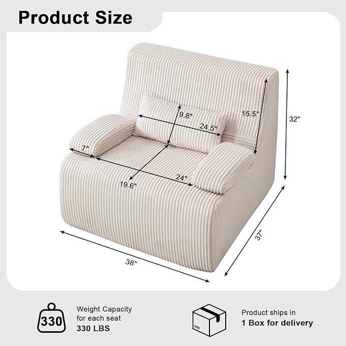 Boneless Chair for Small SpaceCorduroy Cloud Chair Foam Couch with Wide ArmrestFluffy Comfy Reading Single Sofa Chairs for Living Room Bedroom Apartment (Beige)