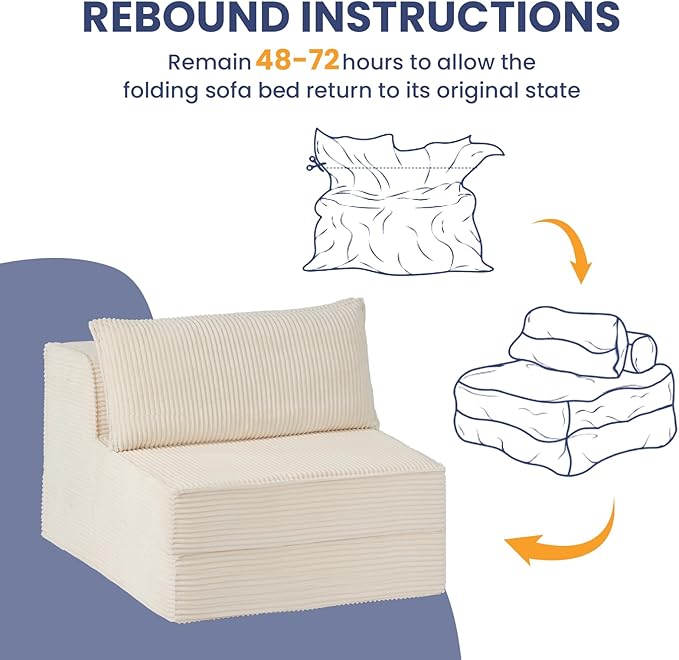 Convertible Sofa Bed Fold Out Loveseat Sleeper Sofa Chair with Pillow Folding Sofa Bed with Back Support Portable Chair Bed Comfy Floor Lounge Sofa for Living Room Bedroom Guest Room Beige