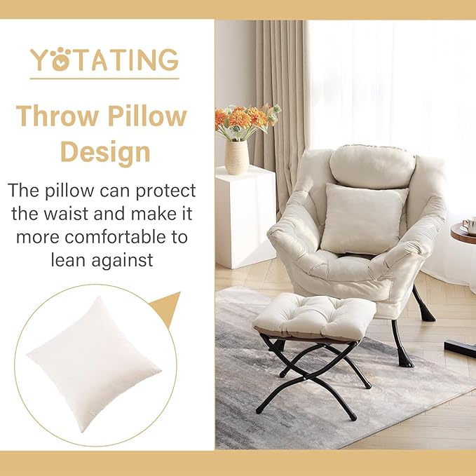 Lazy Chair with Ottoman Comfy Reading Lounge Chair with Footstool &amp Throw Pillow Modern with Armrests &amp Side Pocket for Living Room Bedroom Dorm Room Velvet Beige